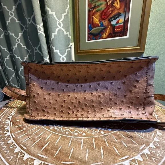 London Fog Brown Ostrich-Embossed Satchel Bag, often named "Lark" - Picture 7 of 12